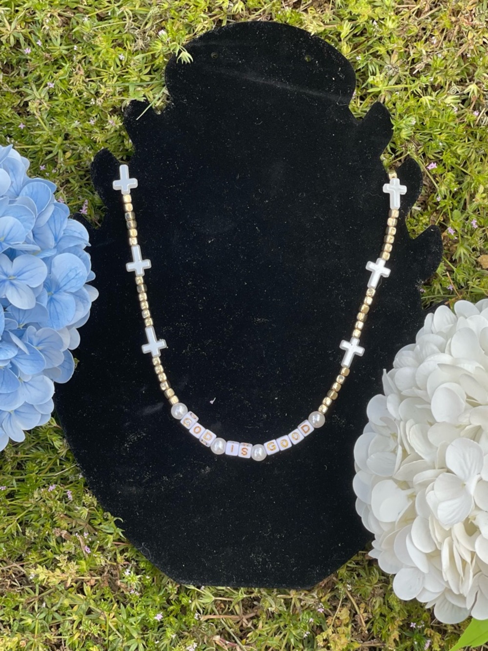 God is Good Gold Beaded Necklace w/ Cross